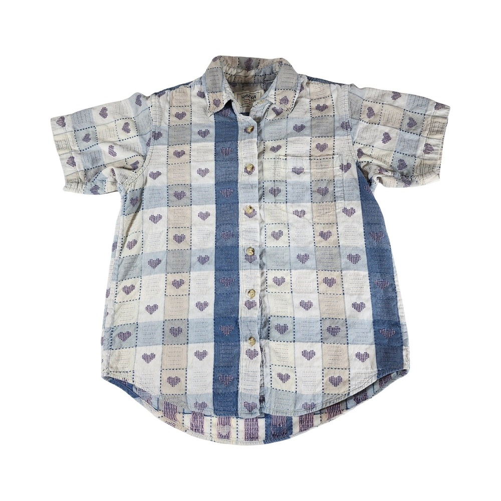 Krazy Kat Blue Cream Heart Patchwork Short Sleeve Button Down Shirt M